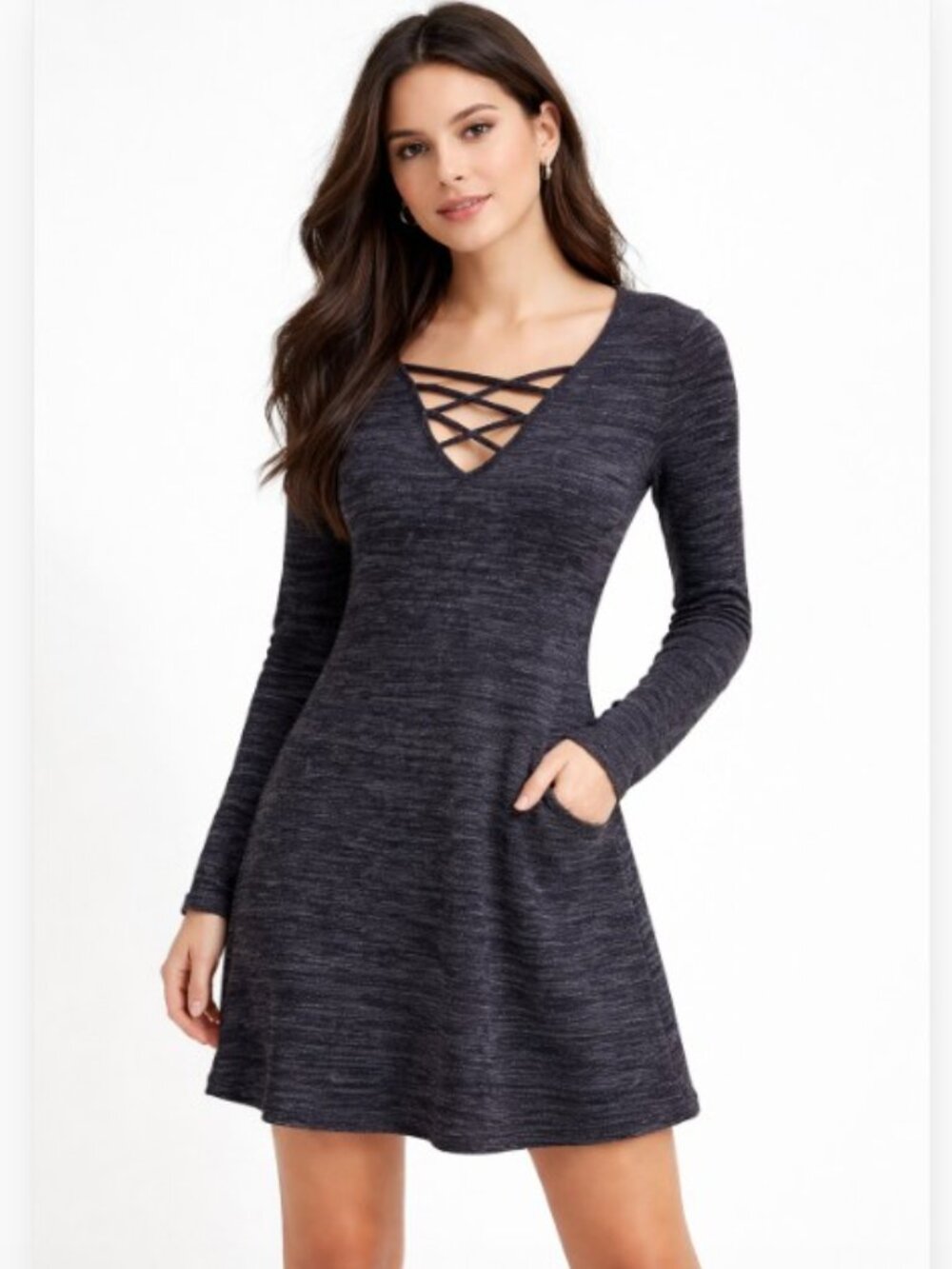 I.N. San Francisco Sweater Dress Women Juniors XS Gray Black Crisscross V-Neck - Picture 11 of 11